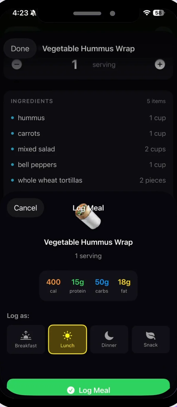Logging a recipe as a meal with calories and macros