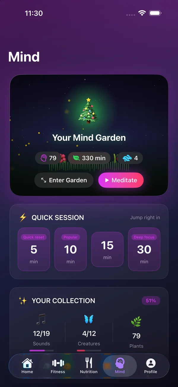 Evolve Mind tab with quick sessions and the Mind Garden